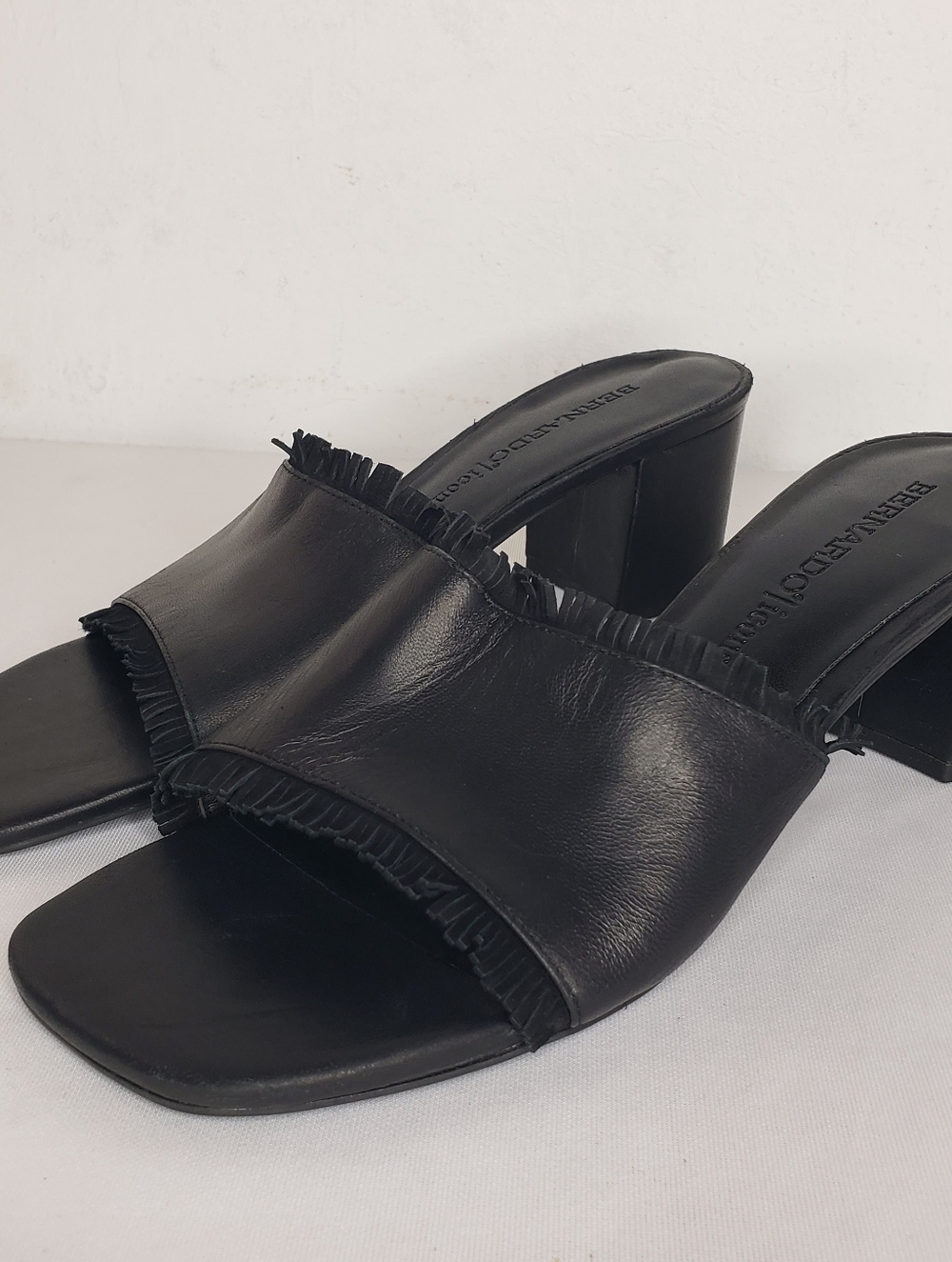 Bernardo Black Leather Frill Slide Heels